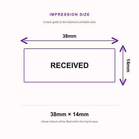 SD4U Imprint 11 RECEIVED Word Stamp in 5 Ink Colours | 38 x 14mm – impression size guide 38mm × 14mm