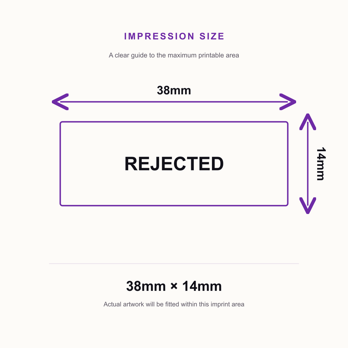 SD4U Imprint 11 REJECTED Word Stamp in 5 Ink Colours | 38 x 14mm – impression size guide 38mm × 14mm