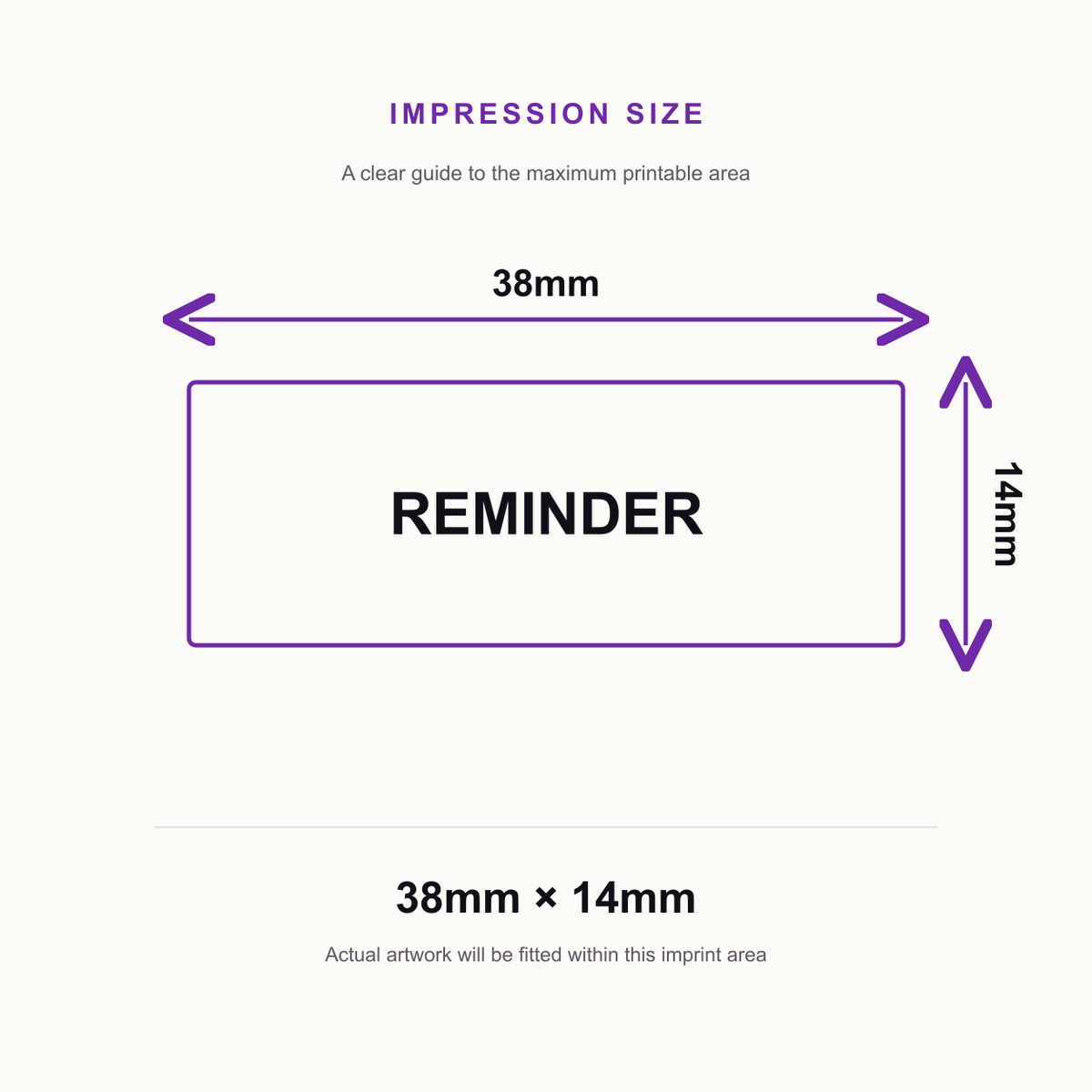 SD4U Imprint 11 REMINDER Word Stamp in 5 Ink Colours | 38 x 14mm – impression size guide 38mm × 14mm