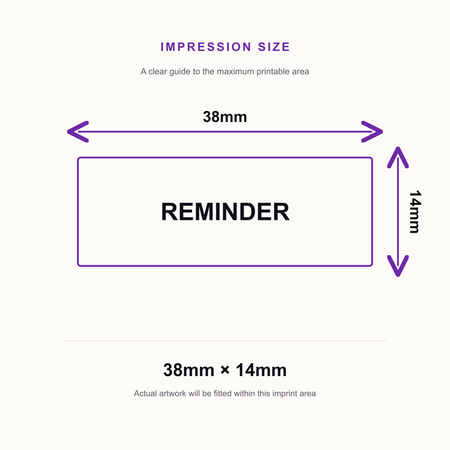 SD4U Imprint 11 REMINDER Word Stamp in 5 Ink Colours | 38 x 14mm – impression size guide 38mm × 14mm