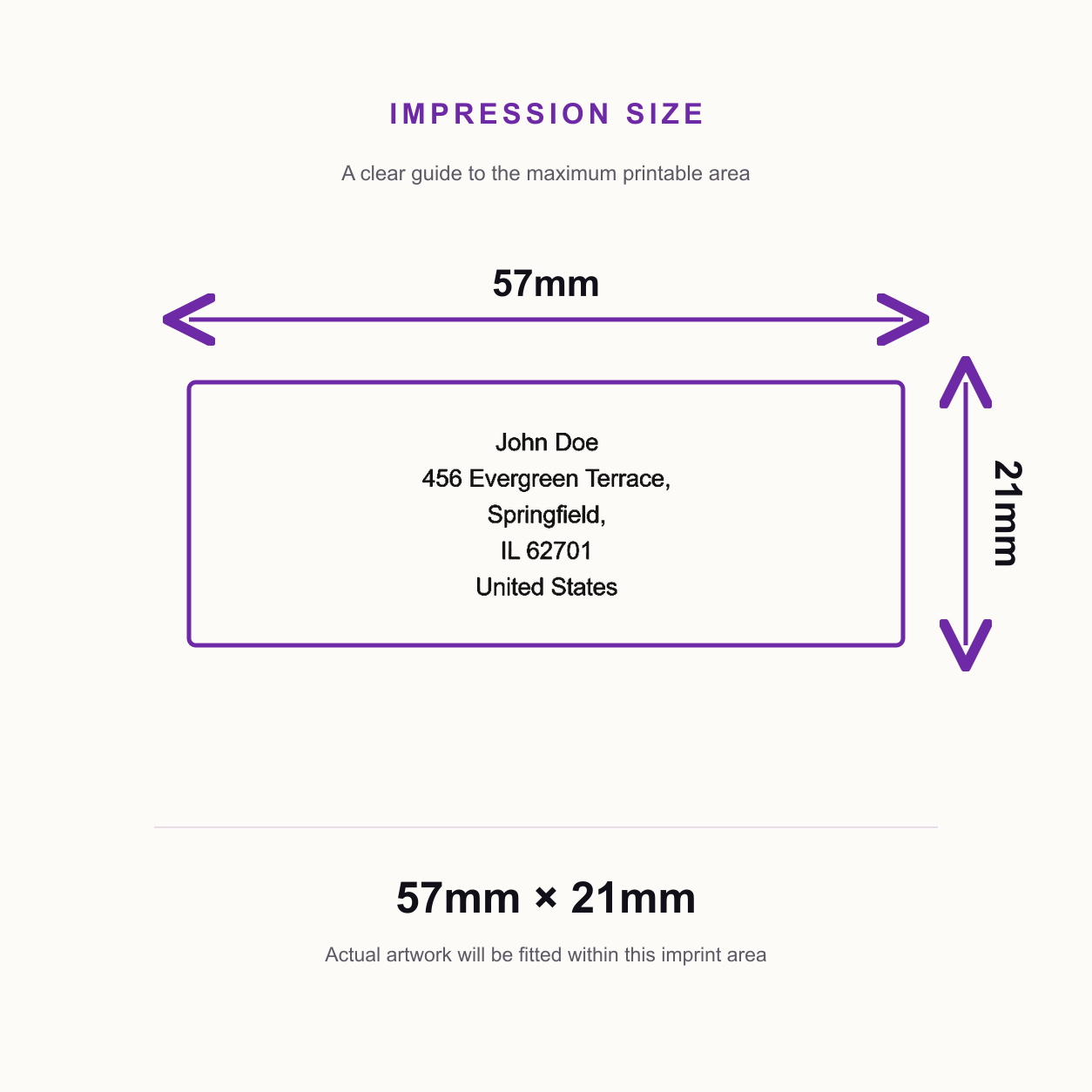 SD4U Imprint 13 | 5 Line Text Rubber Stamp | 57 x 21mm in 5 ink Colours – impression size guide 57mm × 21mm