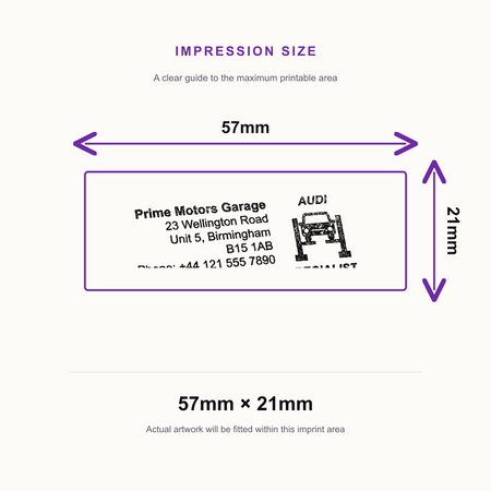 SD4U Imprint 13 | Audi Specialists Service Rubber Stamp | 57 x 21mm – impression size guide 57mm × 21mm