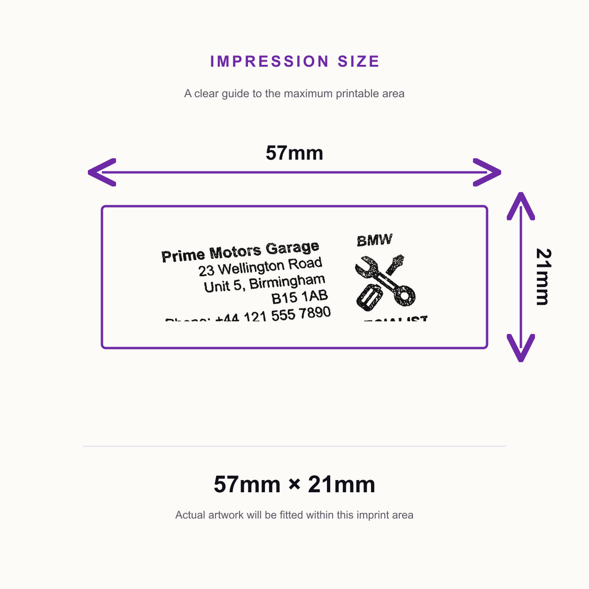 SD4U Imprint 13 | BMW Specialists Service Rubber Stamp | 57 x 21mm – impression size guide 57mm × 21mm