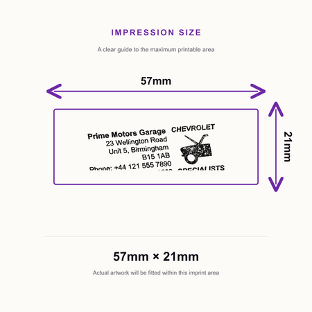 SD4U Imprint 13 | Chevrolet Specialists Service Rubber Stamp | 57 x 21mm – impression size guide 57mm × 21mm