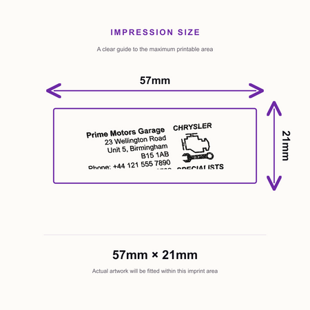 SD4U Imprint 13 | Chrysler Specialists Service Rubber Stamp | 57 x 21mm – impression size guide 57mm × 21mm