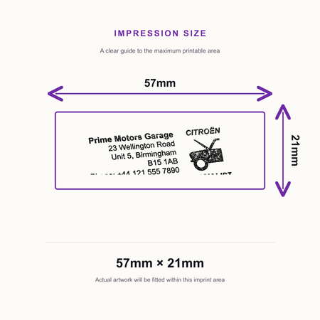 SD4U Imprint 13 | Citroën Specialists Service Rubber Stamp | 57 x 21mm – impression size guide 57mm × 21mm