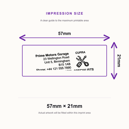 SD4U Imprint 13 | Cupra Specialists Service Rubber Stamp | 57 x 21mm – impression size guide 57mm × 21mm