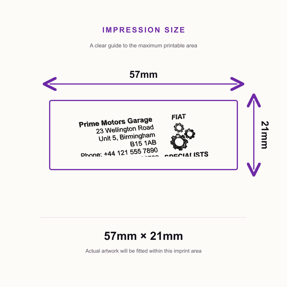 SD4U Imprint 13 | Fiat Specialists Service Rubber Stamp | 57 x 21mm – impression size guide 57mm × 21mm