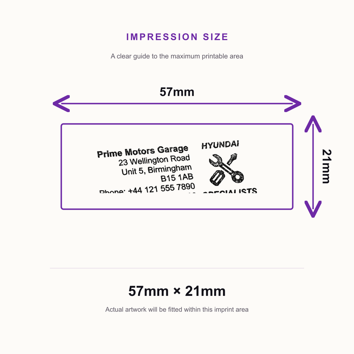 SD4U Imprint 13 | Hyundai Specialists Service Rubber Stamp | 57 x 21mm – impression size guide 57mm × 21mm