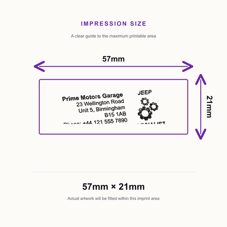 SD4U Imprint 13 | Jeep Specialists Service Rubber Stamp | 57 x 21mm – impression size guide 57mm × 21mm