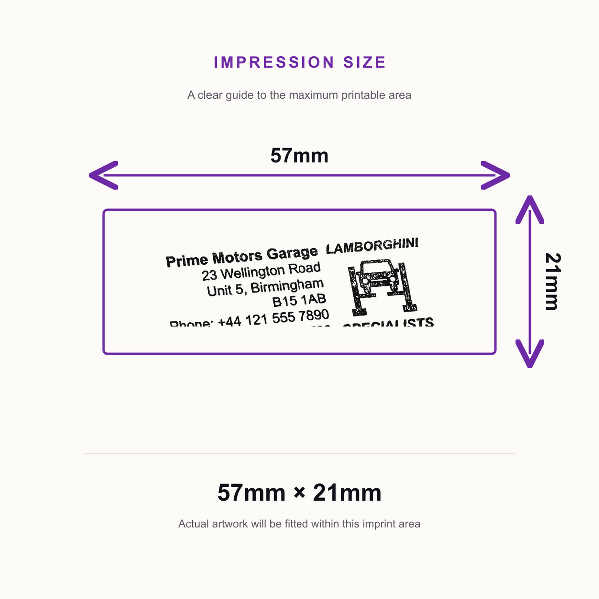 SD4U Imprint 13 | Lamborghini Specialists Service Rubber Stamp | 57 x 21mm – impression size guide 57mm × 21mm