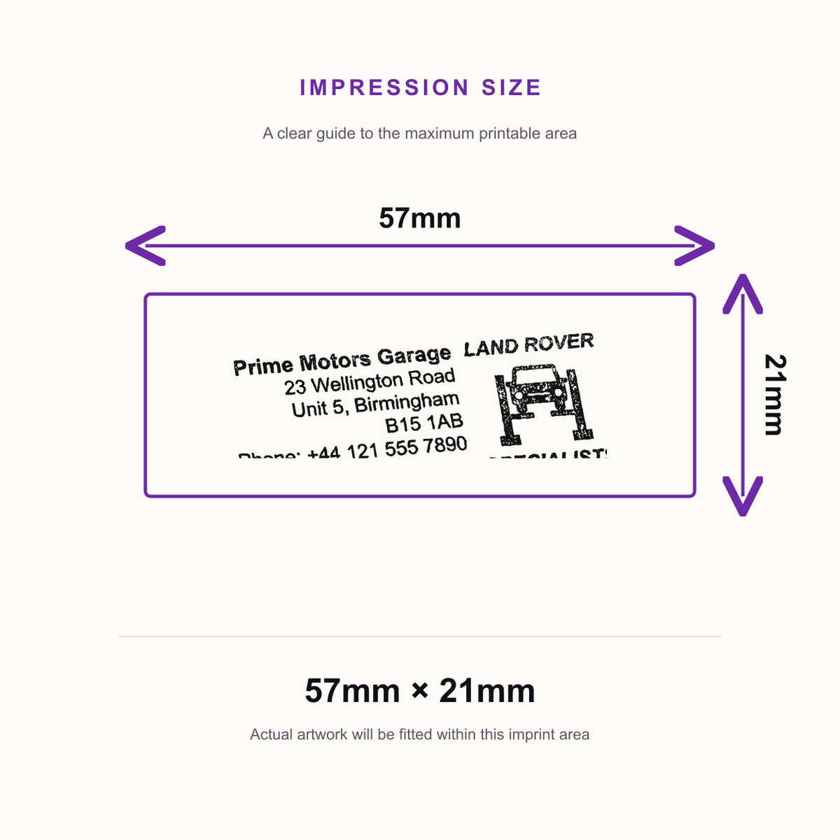 SD4U Imprint 13 | Land Rover Specialists Service Rubber Stamp | 57 x 21mm – impression size guide 57mm × 21mm