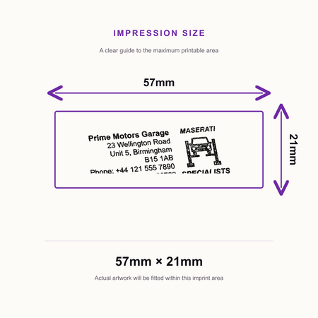 SD4U Imprint 13 | Maserati Specialists Service Rubber Stamp | 57 x 21mm – impression size guide 57mm × 21mm