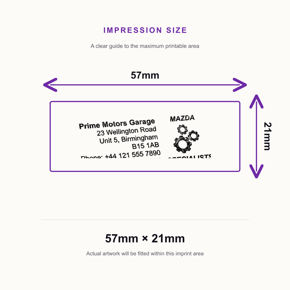 SD4U Imprint 13 | Mazda Specialists Service Rubber Stamp | 57 x 21mm – impression size guide 57mm × 21mm