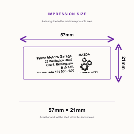 SD4U Imprint 13 | Mazda Specialists Service Rubber Stamp | 57 x 21mm – impression size guide 57mm × 21mm