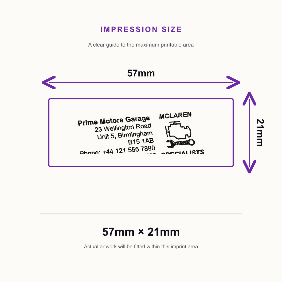 SD4U Imprint 13 | McLaren Specialists Service Rubber Stamp | 57 x 21mm – impression size guide 57mm × 21mm