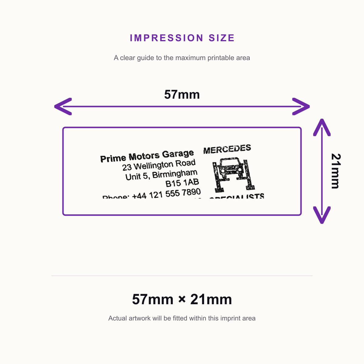 SD4U Imprint 13 | Mercedes Specialists Service Rubber Stamp | 57 x 21mm – impression size guide 57mm × 21mm