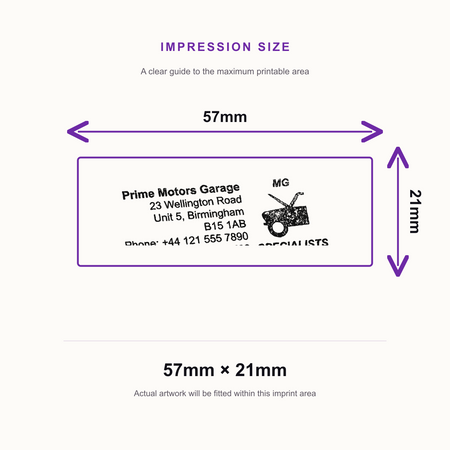 SD4U Imprint 13 | MG Specialists Service Rubber Stamp | 57 x 21mm – impression size guide 57mm × 21mm
