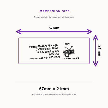 SD4U Imprint 13 | Mini Specialists Service Rubber Stamp | 57 x 21mm – impression size guide 57mm × 21mm