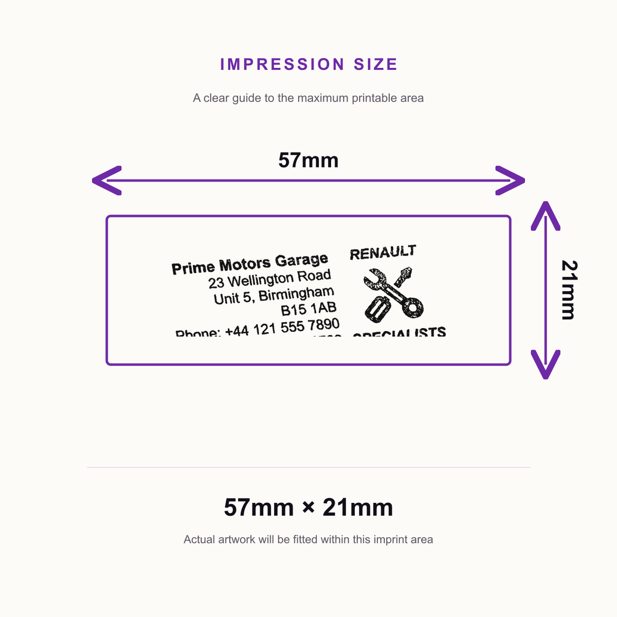 SD4U Imprint 13 | Renault Specialists Service Rubber Stamp | 57 x 21mm – impression size guide 57mm × 21mm