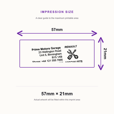 SD4U Imprint 13 | Renault Specialists Service Rubber Stamp | 57 x 21mm – impression size guide 57mm × 21mm