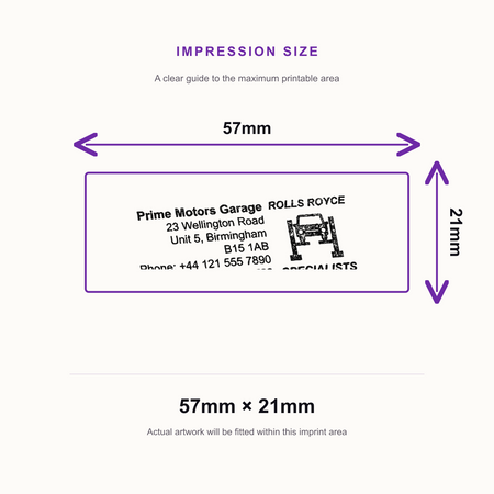 SD4U Imprint 13 | Rolls Royce Specialists Service Rubber Stamp | 57 x 21mm – impression size guide 57mm × 21mm
