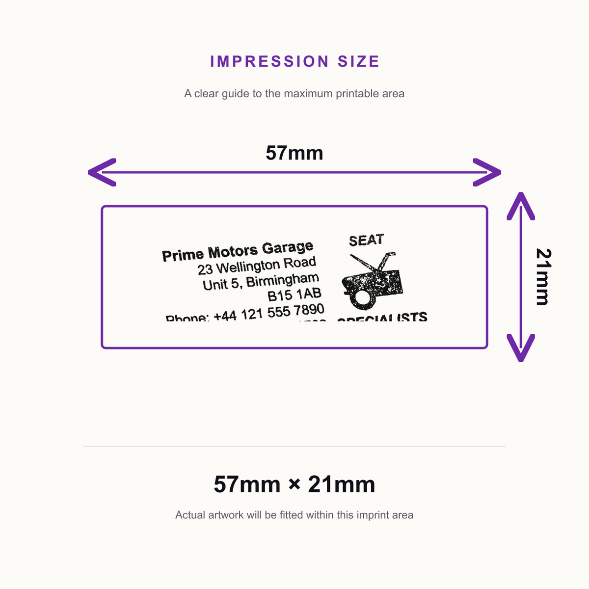 SD4U Imprint 13 | Seat Specialists Service Rubber Stamp | 57 x 21mm – impression size guide 57mm × 21mm