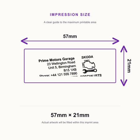 SD4U Imprint 13 | Skoda Specialists Service Rubber Stamp | 57 x 21mm – impression size guide 57mm × 21mm