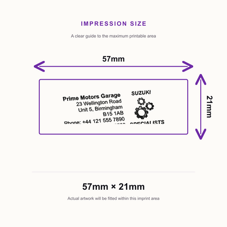SD4U Imprint 13 | Suzuki Specialists Service Rubber Stamp | 57 x 21mm – impression size guide 57mm × 21mm