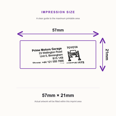 SD4U Imprint 13 | Toyota Specialists Service Rubber Stamp | 57 x 21mm – impression size guide 57mm × 21mm