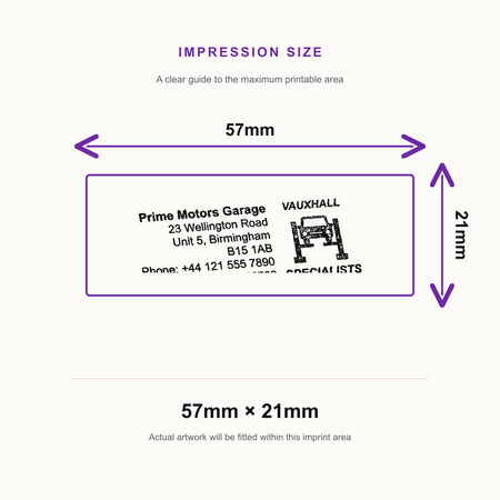 SD4U Imprint 13 | Vauxhall Specialists Service Rubber Stamp | 57 x 21mm – impression size guide 57mm × 21mm