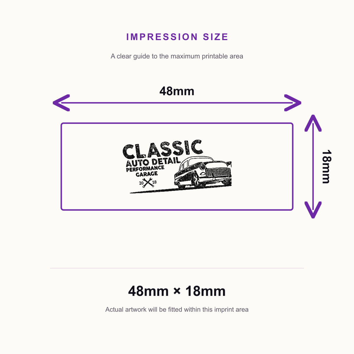 Shiny Printer S843 Stamp | Logo Rubber Stamp | 48 x 18mm – impression size guide 48mm × 18mm