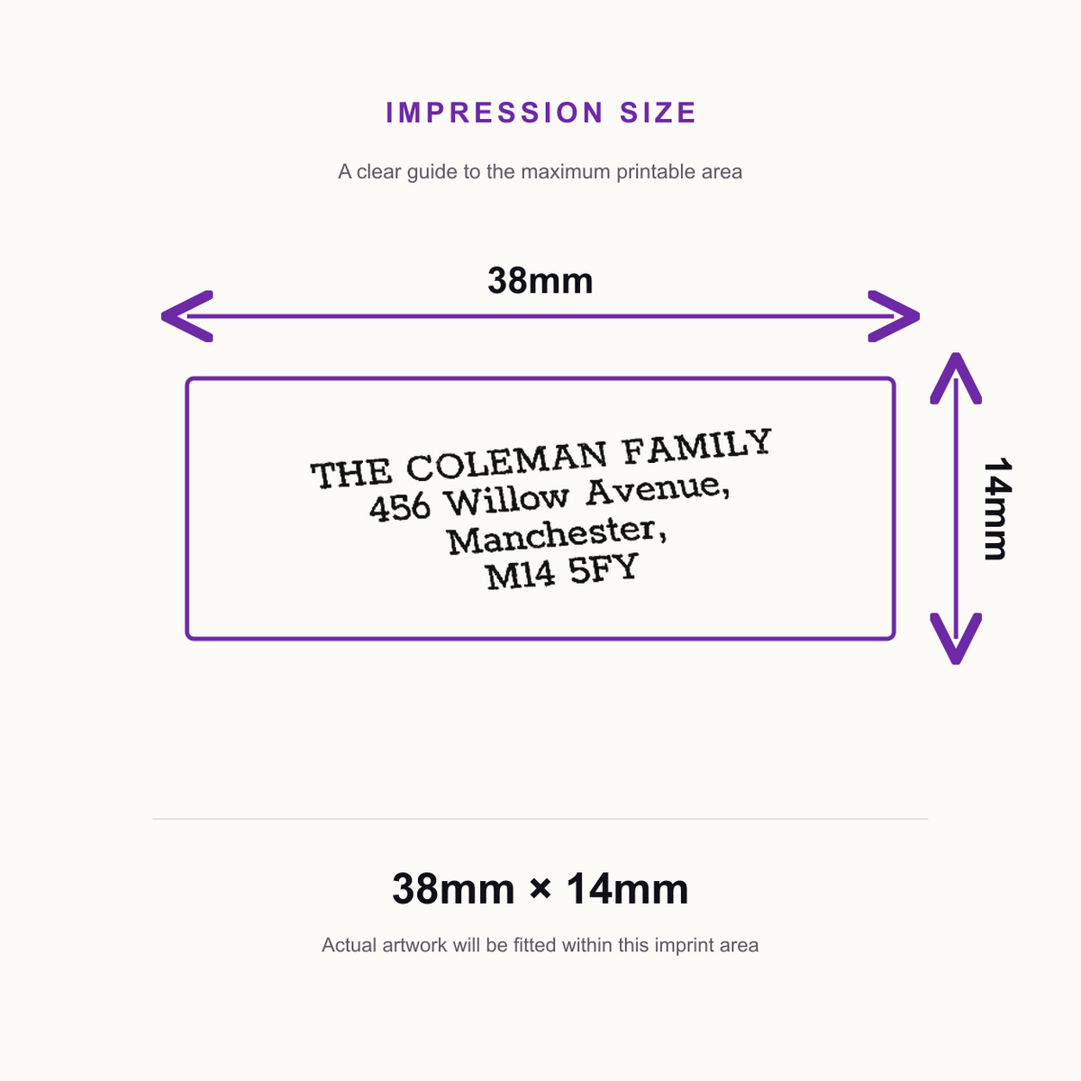 SD4U Imprint 11 | Custom Address Stamp 1 | 37 x 13mm – impression size guide 38mm × 14mm