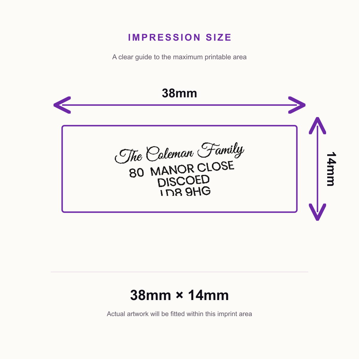 SD4U Imprint 11 | Custom Address Stamp 3 | 37 x 13mm – impression size guide 38mm × 14mm