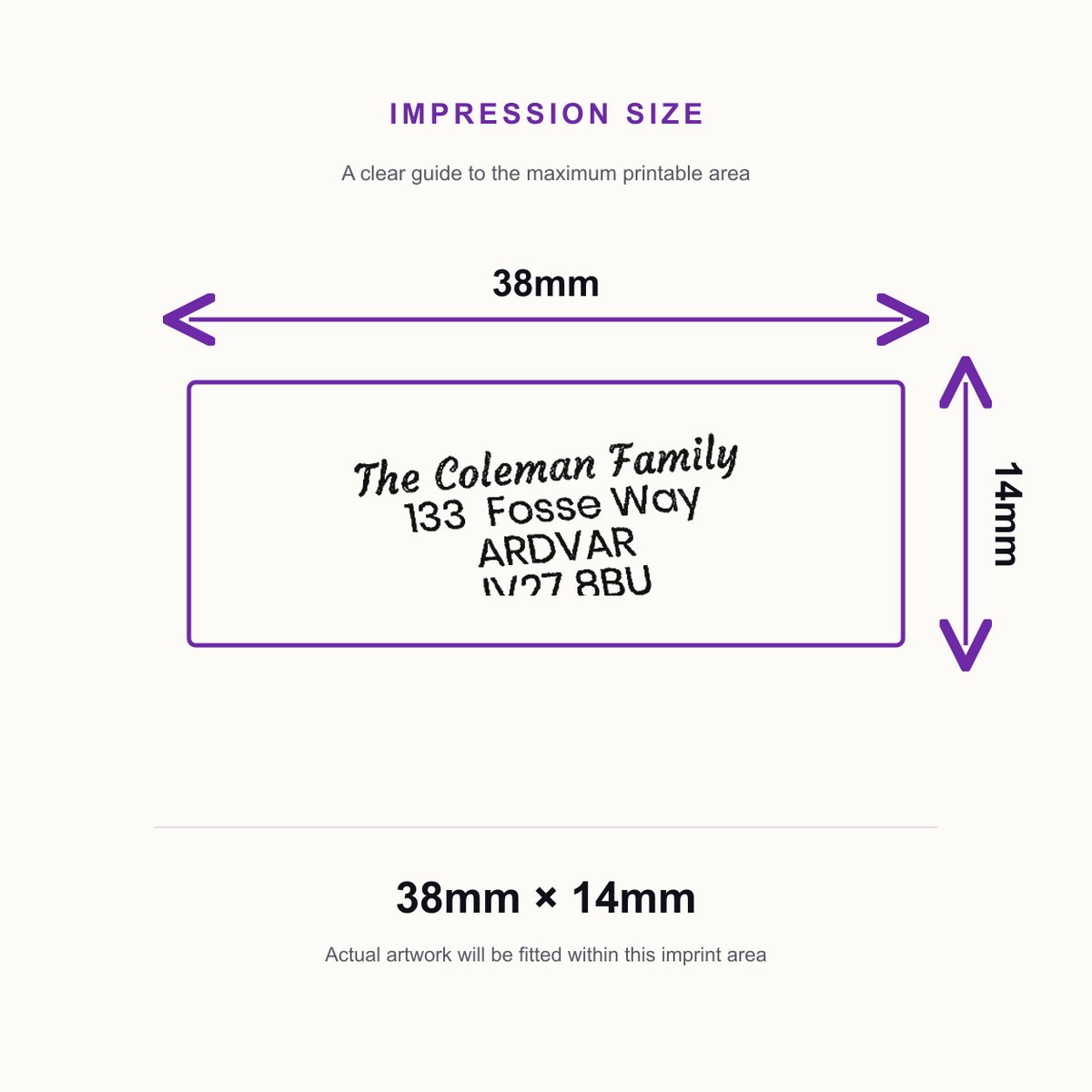 SD4U Imprint 11 | Custom Address Stamp 4 | 37 x 13mm – impression size guide 38mm × 14mm