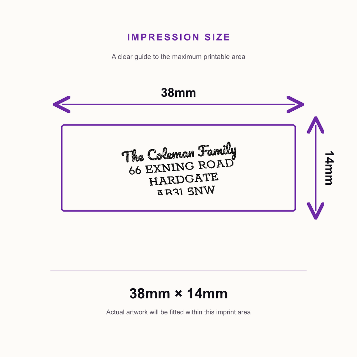 SD4U Imprint 11 | Custom Address Stamp 5 | 37 x 13mm – impression size guide 38mm × 14mm