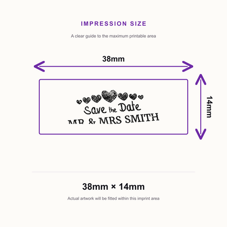 SD4U Imprint 11 | Save the Date Hearts Rubber Stamp | 37 x 13mm – impression size guide 38mm × 14mm