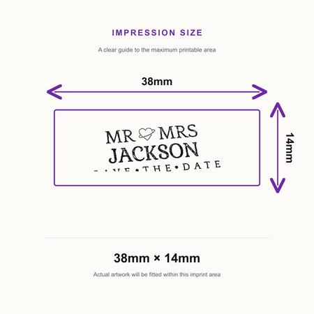 SD4U Imprint 11 | Mr & Mrs Save the Date Rubber Stamp | 37 x 13mm – impression size guide 38mm × 14mm