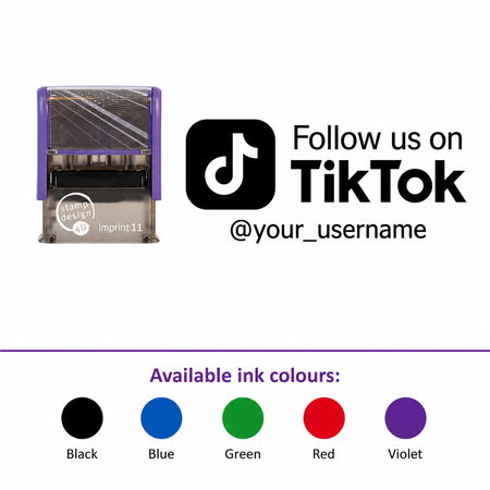 SD4U Imprint 11 | Follow us on TikTok Social Media Rubber Stamp in 5 Ink Colours | 37 x 13mm – smaller stamp, enlarged isolated imprint and five available ink colours