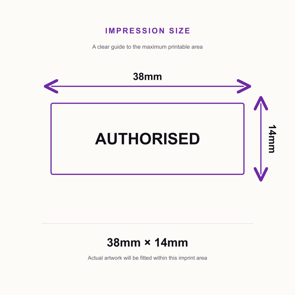 SD4U Imprint 11 AUTHORISED Word Stamp in 5 Ink Colours | 38 x 14mm – impression size guide 38mm × 14mm