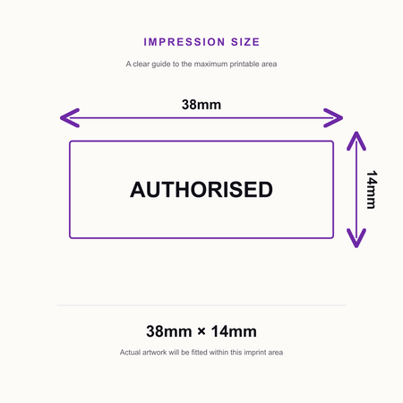 SD4U Imprint 11 AUTHORISED Word Stamp in 5 Ink Colours | 38 x 14mm – impression size guide 38mm × 14mm