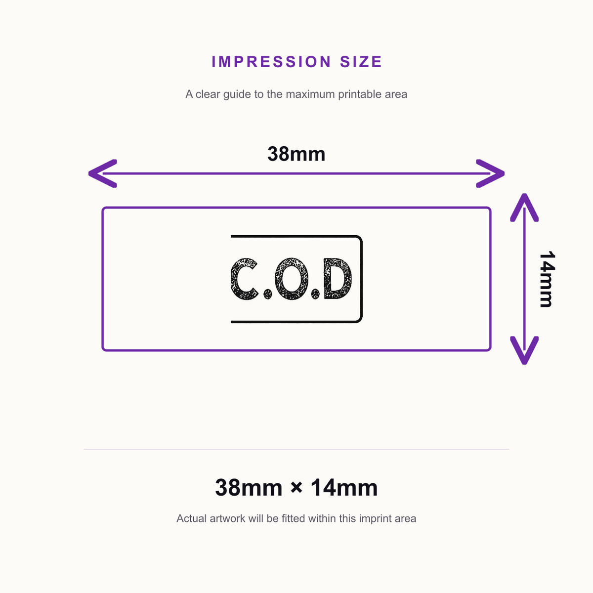 SD4U Imprint 11 C.O.D Word Stamp in 5 Ink Colours | 38 x 14mm – impression size guide 38mm × 14mm