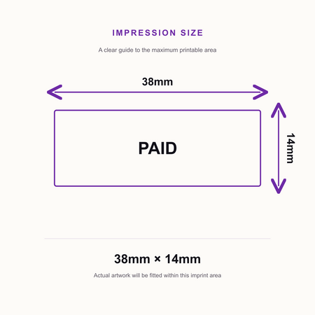 PAID Ink Stamp Traxx 9011 38 x 14mm Word Rubber Stamp – impression size guide 38mm × 14mm