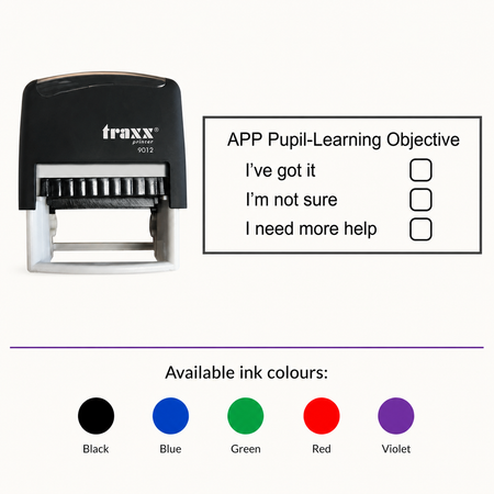 Pupil Learning Teacher Assessment Stamp – Traxx 9012, matching imprint and five available ink colours