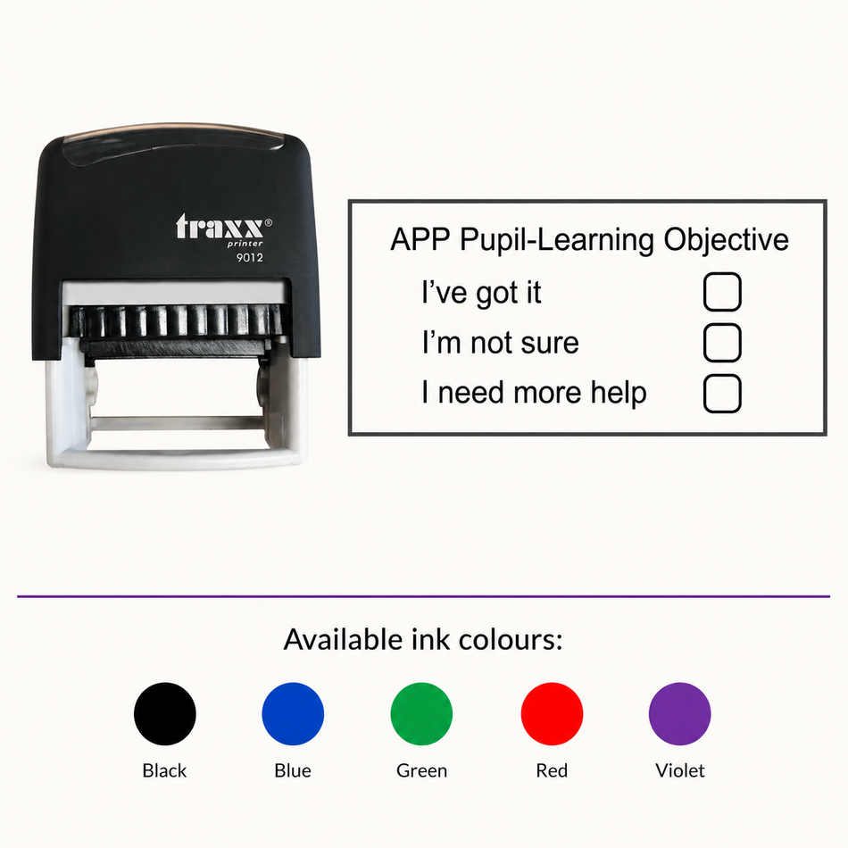 Pupil Learning Teacher Assessment Stamp – Traxx 9012, matching imprint and five available ink colours