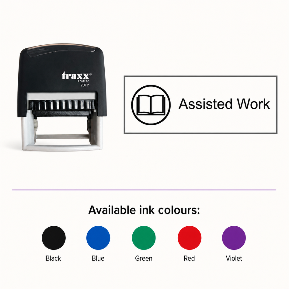 Assisted Work Teacher Assessment Stamp – Traxx 9012, matching imprint and five available ink colours
