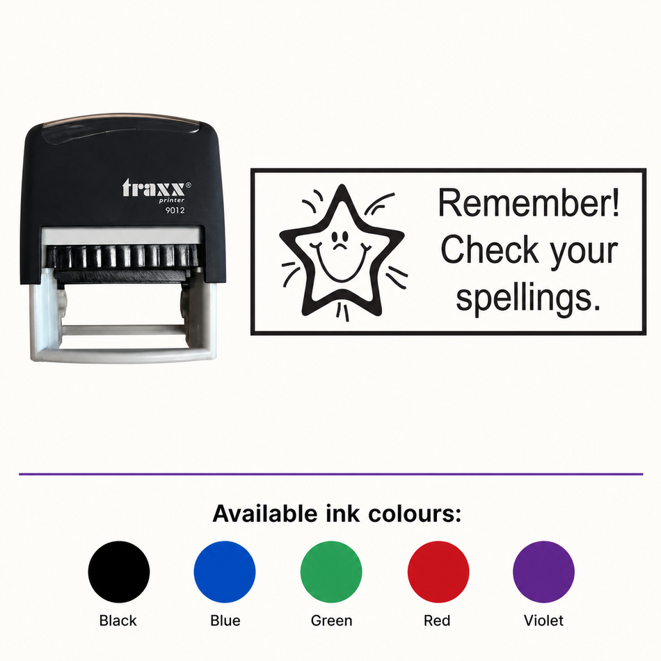 Check Your Spellings Teacher Assessment Stamp – Traxx 9012, matching imprint and five available ink colours