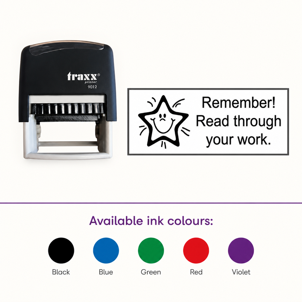 Read Through Your Work Teacher Assessment Stamp – Traxx 9012, matching imprint and five available ink colours