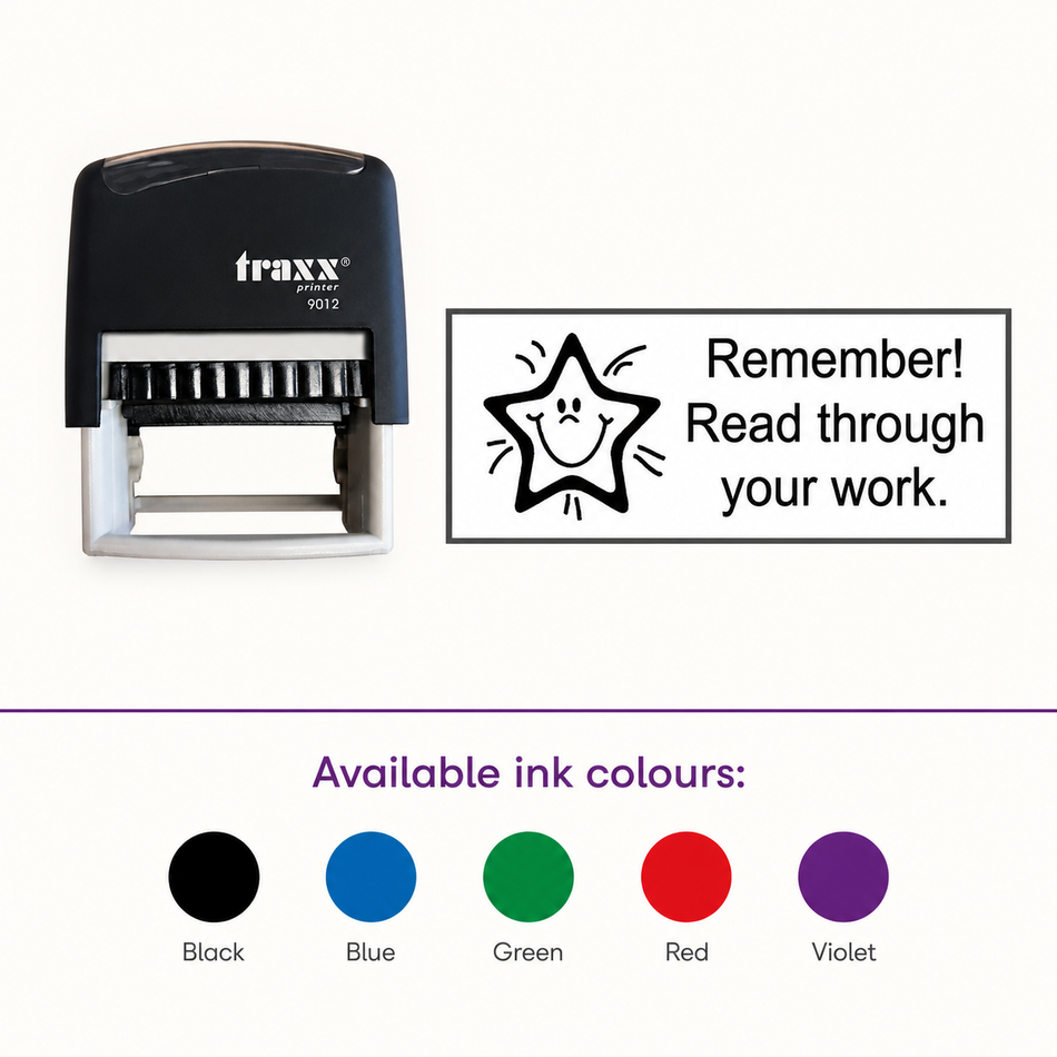 Read Through Your Work Teacher Assessment Stamp – Traxx 9012, matching imprint and five available ink colours