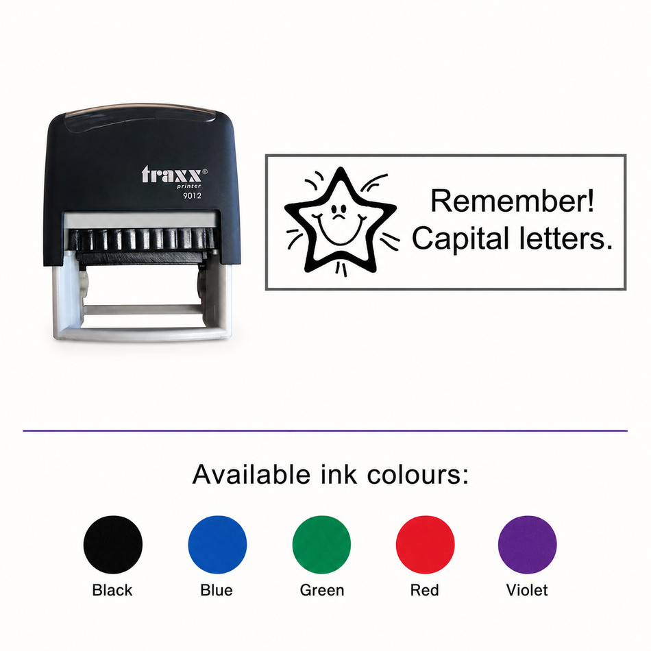 Remember Capital Letters Teacher Assessment Stamp – Traxx 9012, matching imprint and five available ink colours